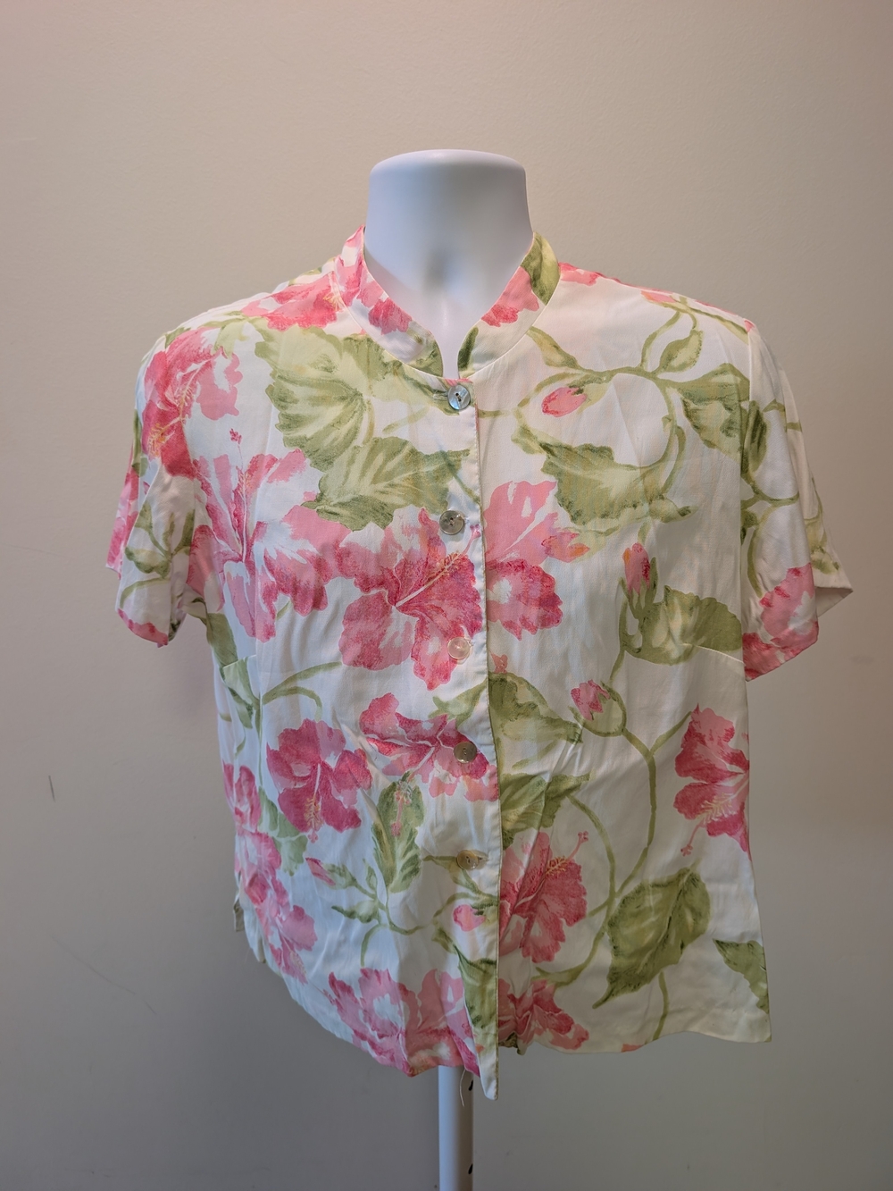 Floral Short-Sleeve Button-Down Blouse in Pink and Green